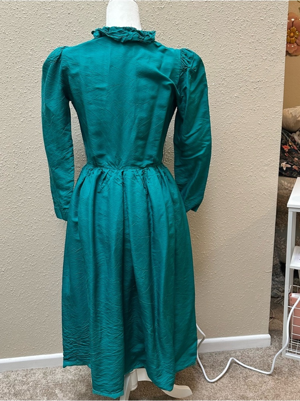Vintage 50s William Pearson Retro Midi Dress Ruffle Collar High Neck Green Small - Picture 2 of 8